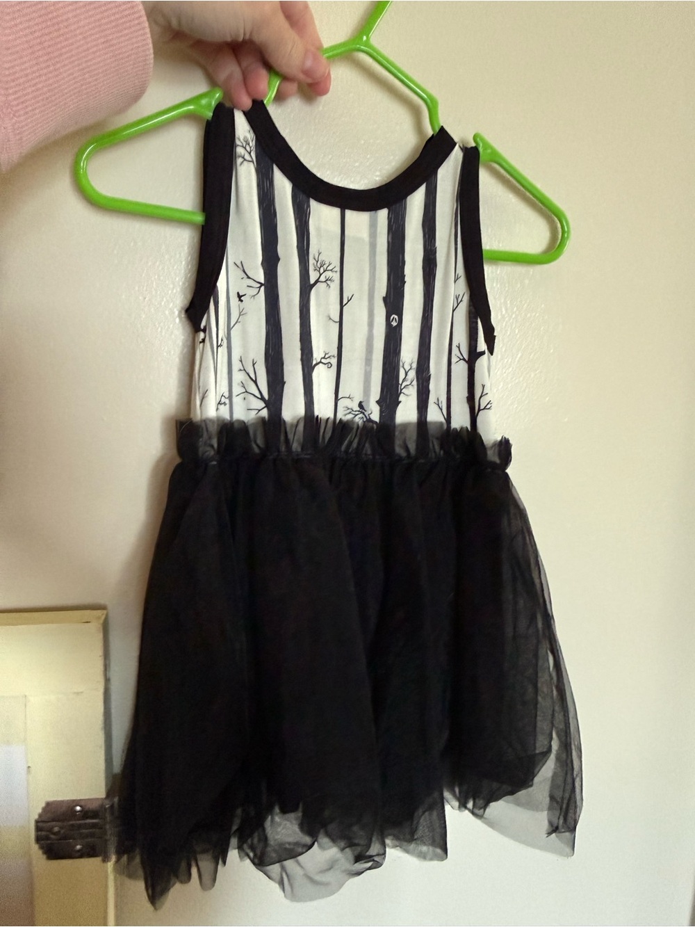 Black and White Tulle Dress with Tree and Bat Print